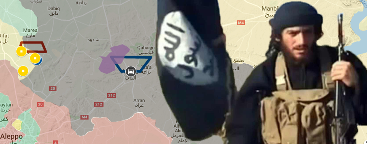 Abu Muhammad al-Adnani, chief spokesperson for the so-called Islamic State, allegedly in Syria in a video published by so-called Islamic State. The background is from the accompanying Google MyMaps with the article.