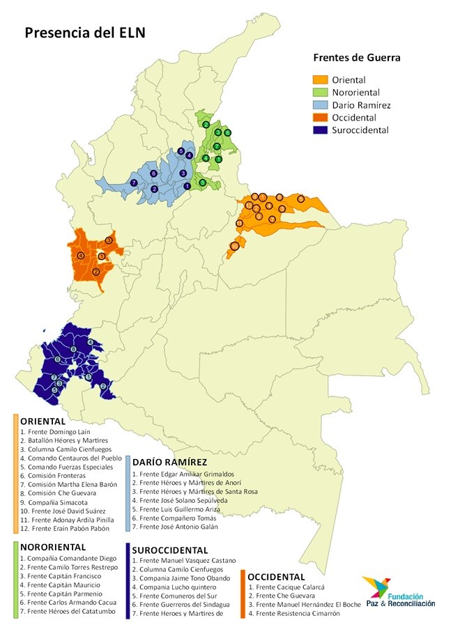 Territories held by the ELN’s different fronts. Source: Fundación Paz & Reconciliación