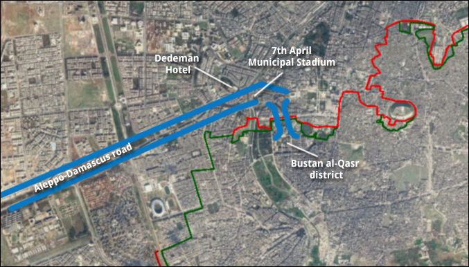 Figure 6 — The exit corridor near the 7th April Municipal Stadium in Aleppo, Syria, as an overlay on Google Earth imagery. (Courtesy satellite imagery: Google Earth)