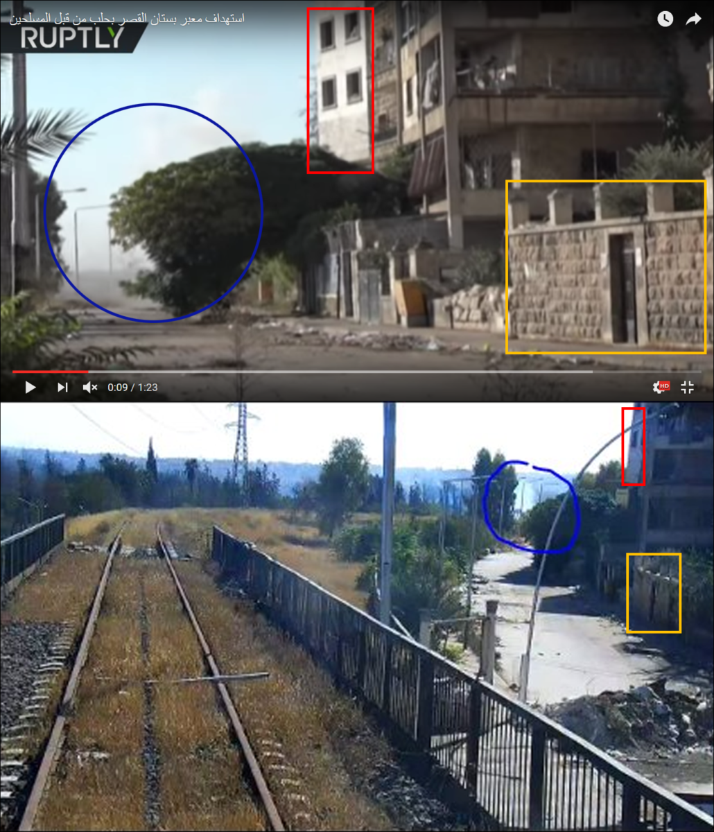 Figure 9 — The same or two different smoke plumes seen in the west-side of the Kher Eddin Al-Assadi street. (Courtesy images: RT (above); Russian MoD (below))