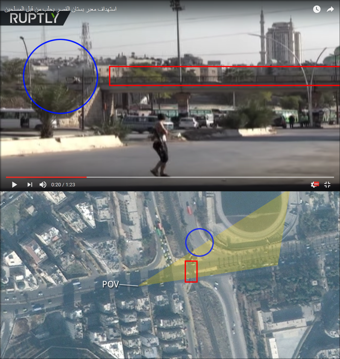 Figure 10 — The approximate location of the second plume of smoke is circled in blue, somewhere down the the west side of the Kher Eddin al-Assadi street.