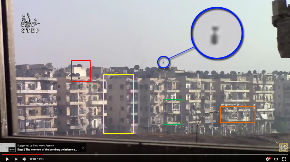 Figure 7 — An annotated still from the Step News Agency video, showing a "hell cannon" round right before impact in the Bustan Az-Zahra district in Aleppo, Syria. (Courtesy: Step News Agency)