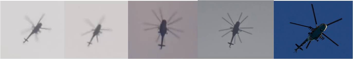 Fig. 8 - Comparison of helicopters. From left: Video 1, Video 2, Video 3, Video 4, Stock photo of Mi-17 for comparison.