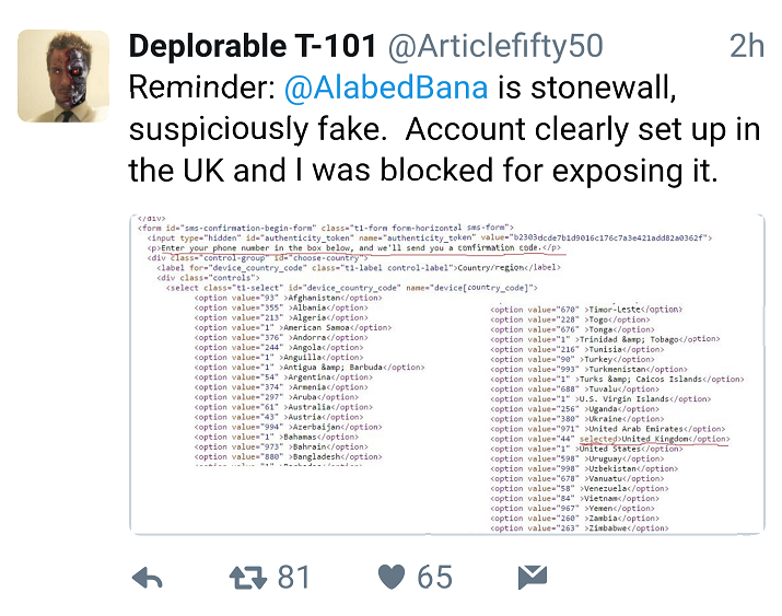 Tweet of “meta-data” allegations, now deleted.