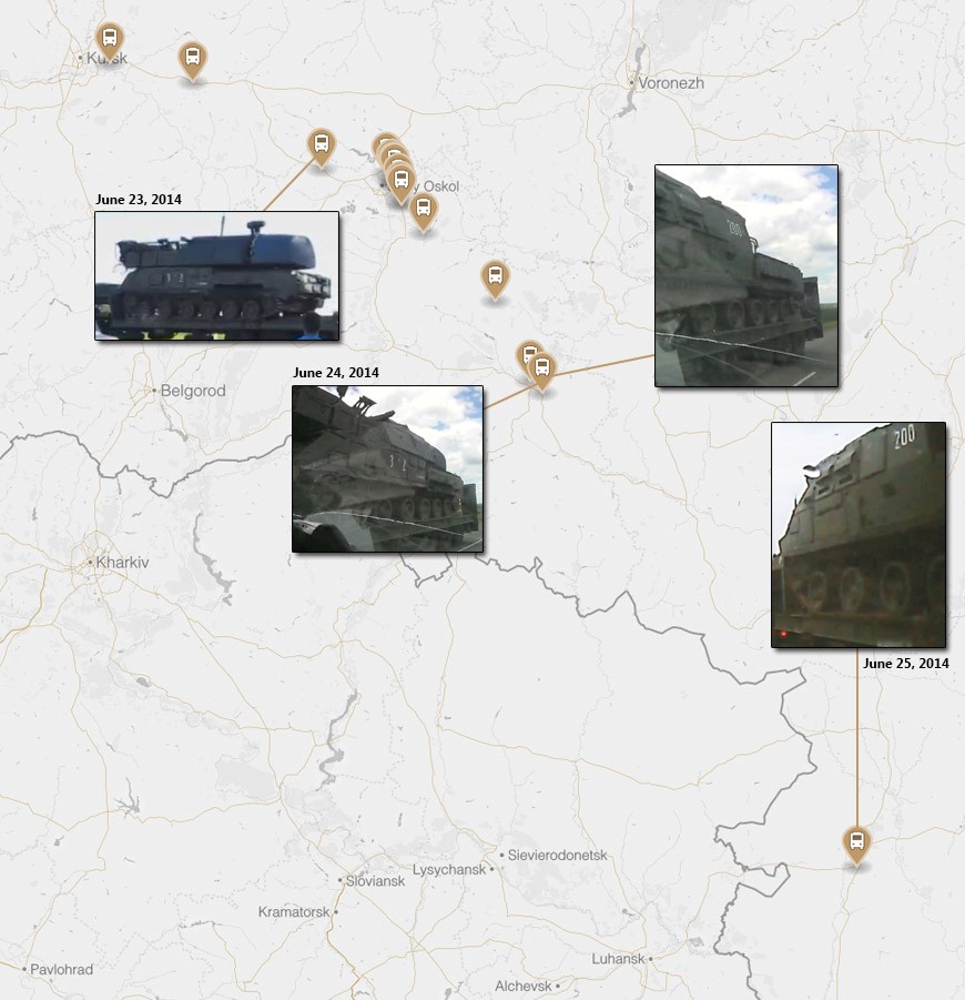 Map showing the route of the June convoy from Kursk to Millerovo near the Ukrainian border. Each point designates a confirmed sighting of the convoy through videos uploaded on social media.