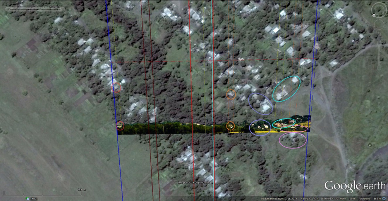 First image with matches between the 17 July 2014 picture and the Google Earth satellite image.