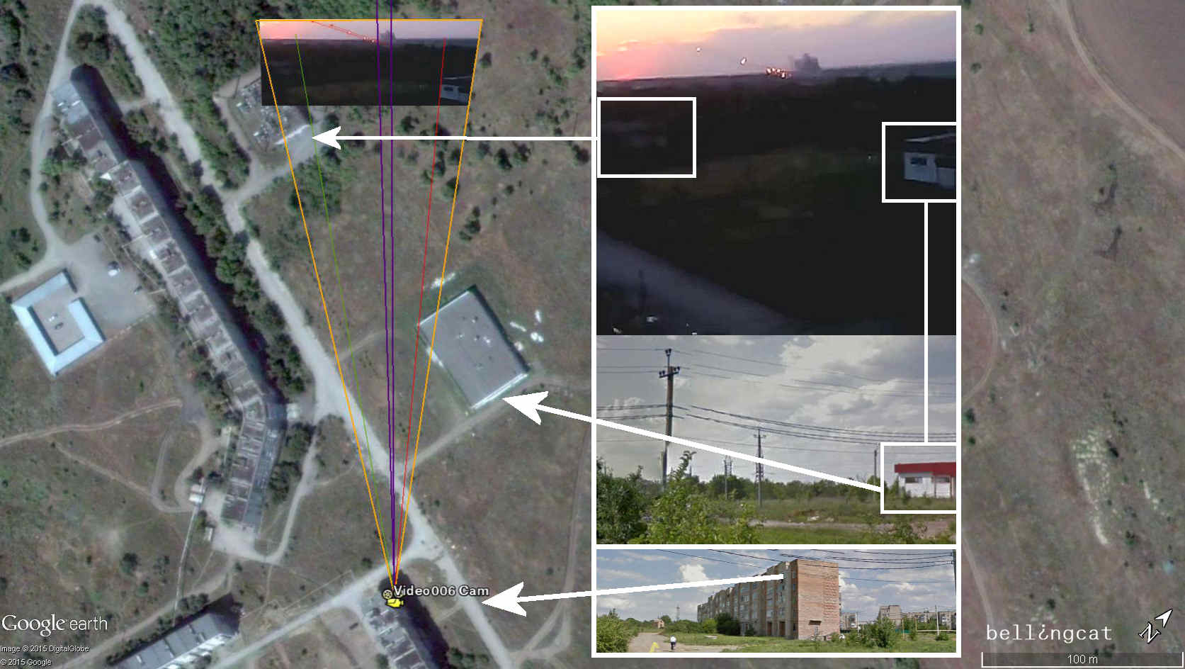 Camera location of Video006 –dark purple lines show the direction of the firing position