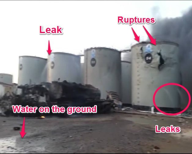 Still from the video shows that liquid pours out of tank 02 and tank 04.