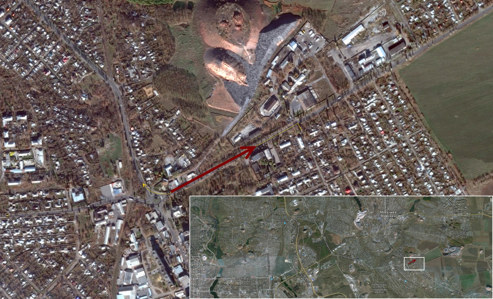 Local map of the convoy's location and direction eastward, and larger route in eastern Ukraine (bottom)