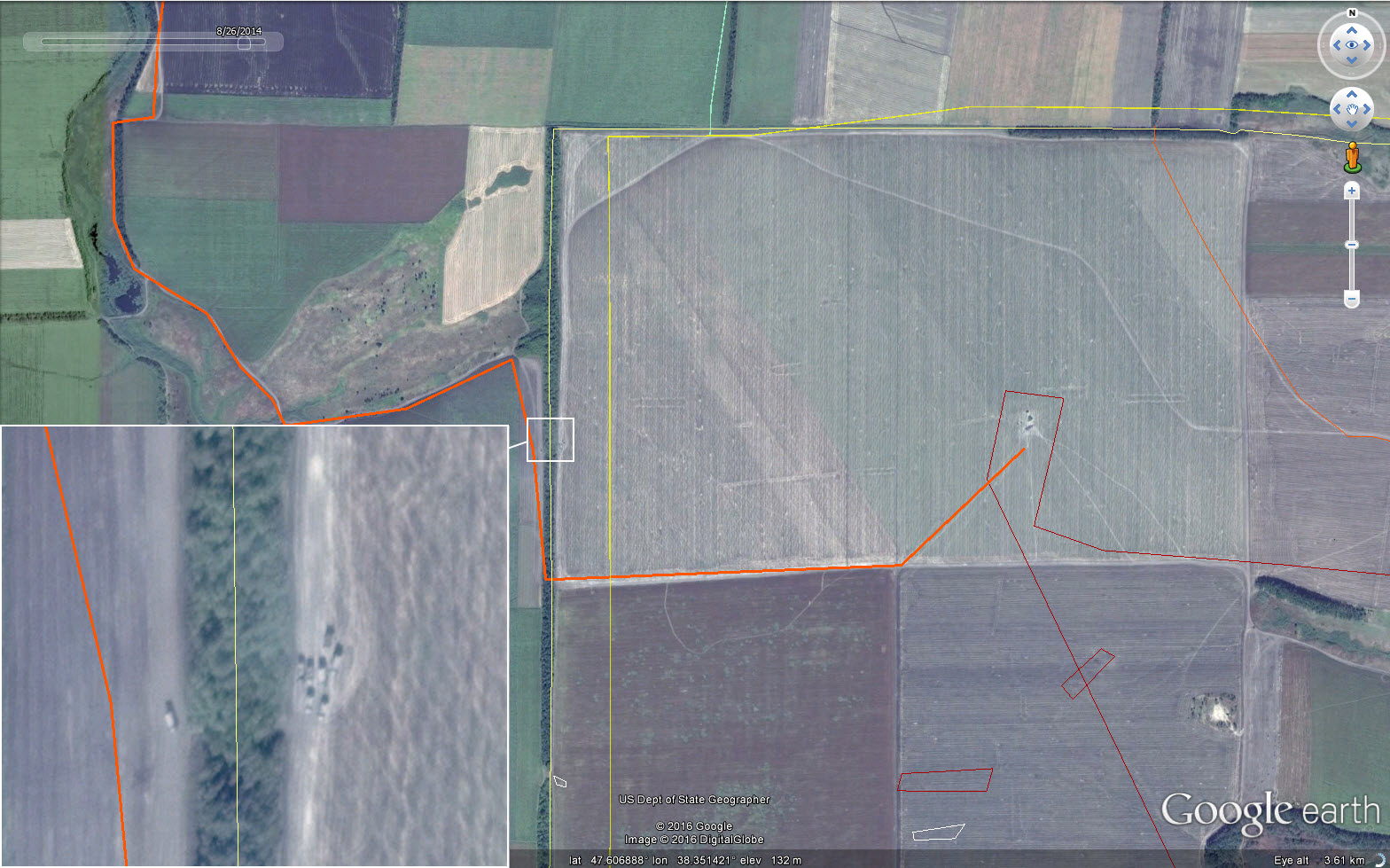 The orange line marks cross-border vehicle path. The yellow line marks the Russia-Ukraine border, according to Google Earth. The line along the treeline is the more accurate representation of the border.