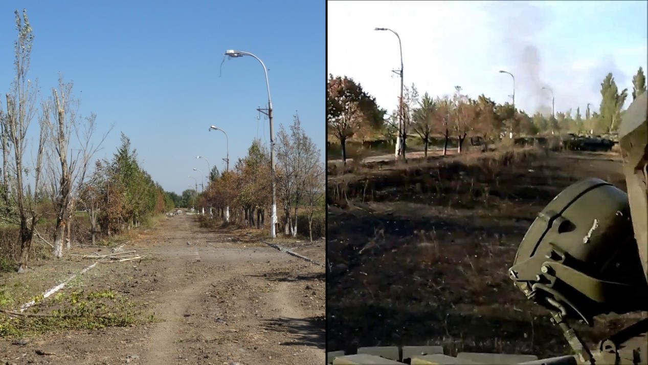 Comparison of scenes showing a road that leads to the Luhansk Airport