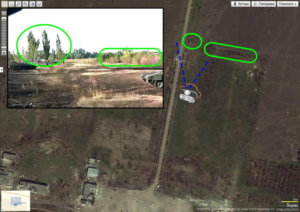 Comparison of a video showing the 200th Brigade near Luhansk, and Yandex Maps, with a row of three trees as a reference point.