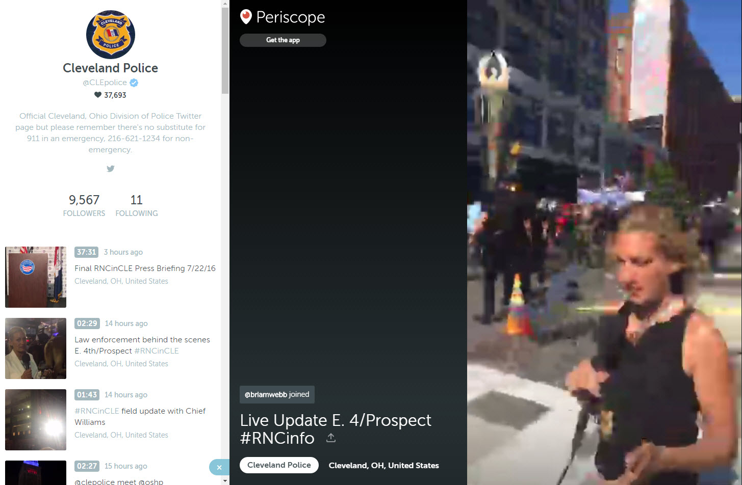 Screenshot of a livestreaming video feed of a demonstration on a Cleveland Police Periscope account.