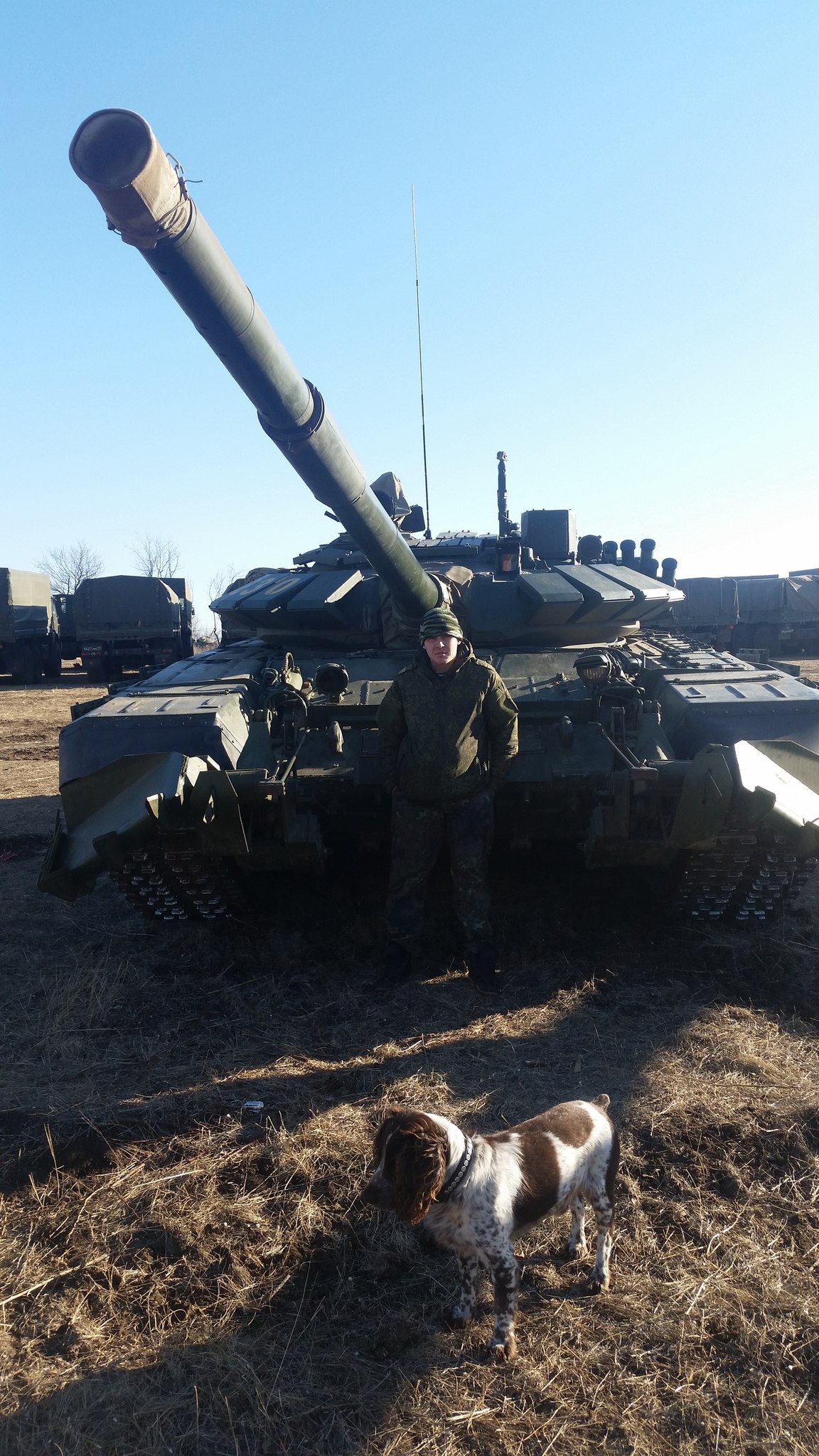 T-72B3 tank numbered 830 with the inscription "ARMORED SHIELD OF THE LNR" on the right side. Archive / Original
