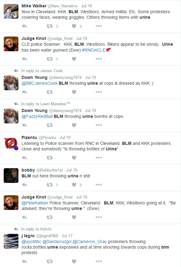 Screenshot of the first mentions of BLM (Black Lives Matter) and "urine" during the second day of the RNC in Cleveland.