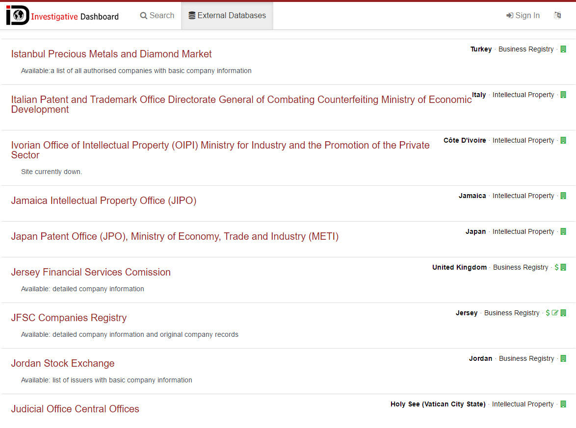 Screenshot of the OCCRP's Investigative Dashboard listing of public databases.