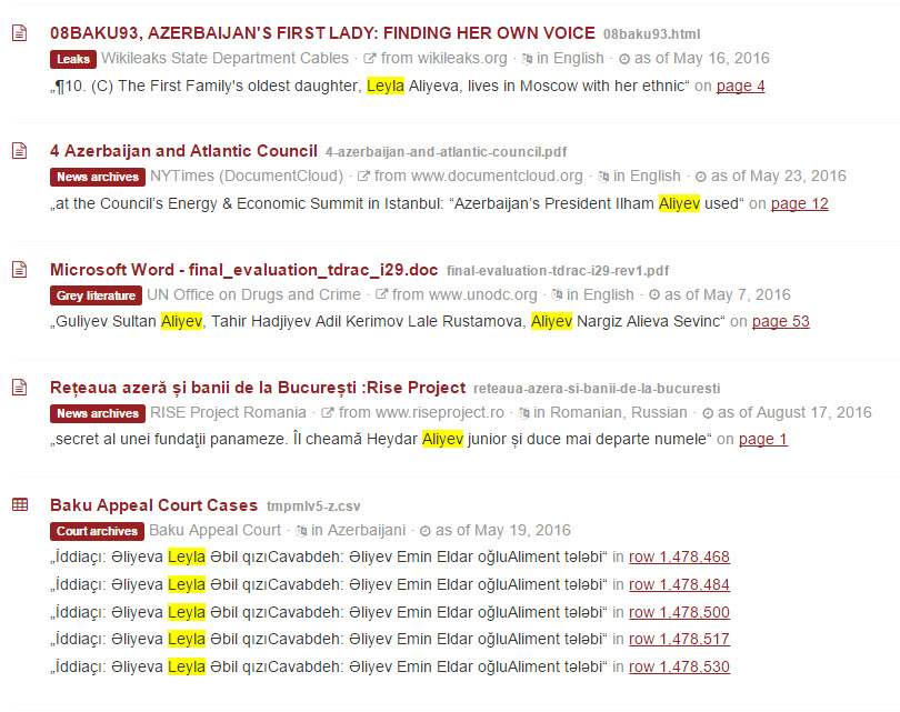 Screenshot from the OCCRP Investigative Dashboard search for Leyla Aliyeva