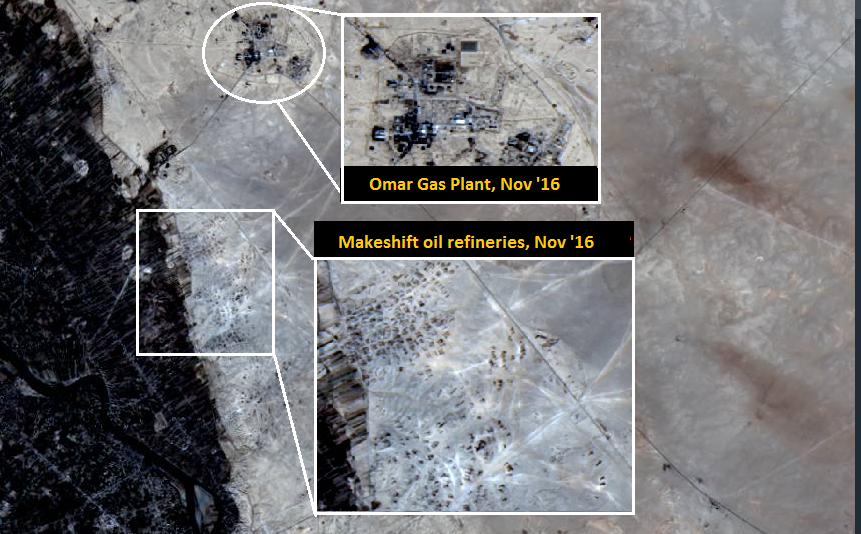 Overview Omar oil refinery and makeshfit oil refineries. Image from LANDSAT 8, NASA, November 6, 2016