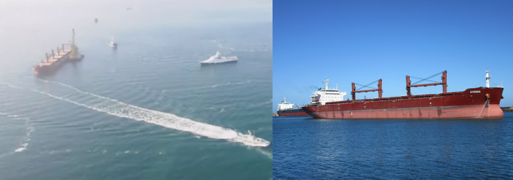 Image 6: Comparison of the large red ship in Zvezda footage and an image of the bulk carrier 'Aviona'