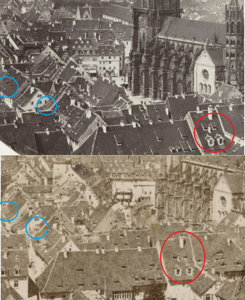 Comparison of dormer windows in houses near Freiburg Cathedral. Image (upper): Rijksmuseum archive, author unknown; Image (lower): Rijksmuseum archive, Gottlieb Theodor Hase