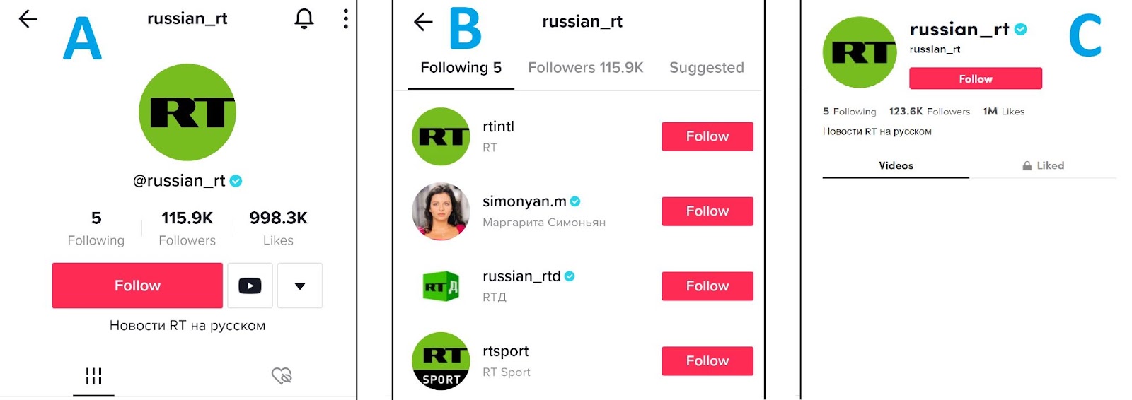 Three images of RT’s Russian-language TikTok account on mobile and the web browser show the extra features available via the app, including a link to RT's YouTube account and follower lists.