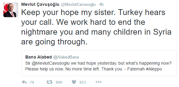 Image 26: Tweet from Minister of Foreign Affairs of Turkey to @AlabedBana