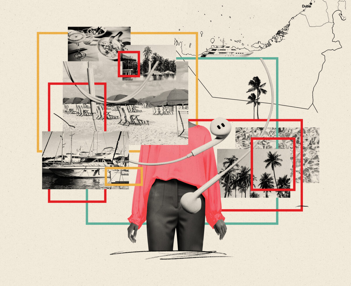 Illustration of pink blouse, map of Dubai and images of palm trees and pools.