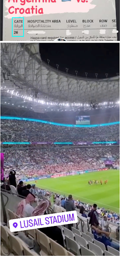 Composite image showing a ticket for a World Cup match and still from footage inside the stadium.