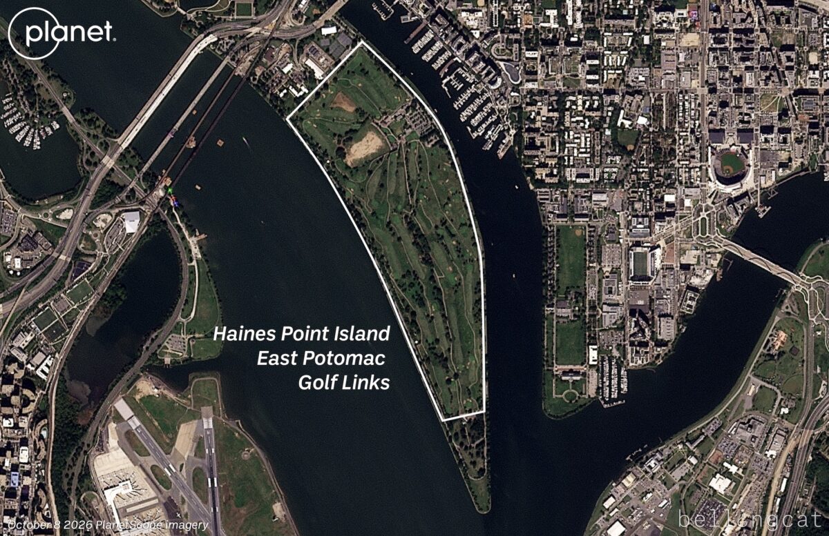 A satellite image from Planet Labs PBC shows the East Potomac Golf Links on October 8.