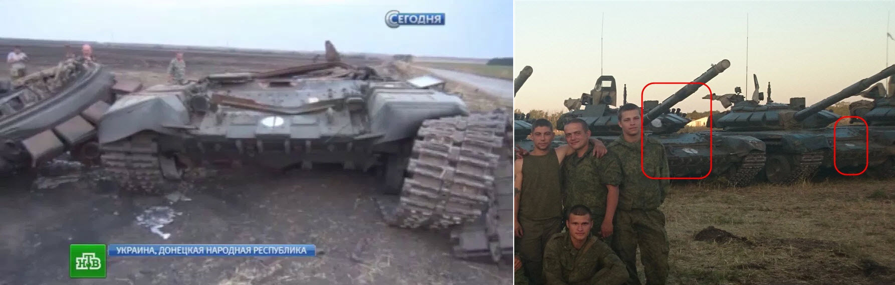 Left: Russian tanks on the battlefield in eastern Ukraine, with white circles. Right: Russian tanks at a military base of the 6th Tank Brigade, with white circles at the same location.